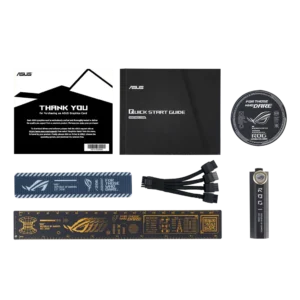 Flat lay of accessories included with the ROG Astral LC RTX 5090, including a 16-pin power adapter cable, ROG ruler, support stand, Velcro straps, and documentation.