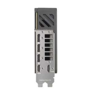 The stainless steel rear I/O bracket of the ROG Astral LC RTX 5090 showing HDMI 2.1 and DisplayPort 2.1 ports.