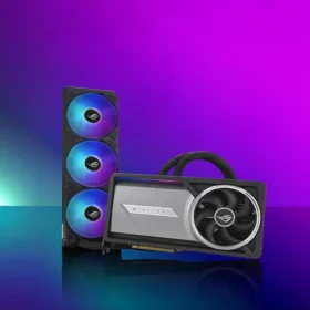 ROG Astral LC RTX 5090 graphics card with attached 240mm AIO liquid cooling radiator and three ARGB fans, showcasing the hybrid cooling design against a purple background.