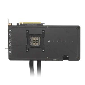 The full-cover metal backplate of the ROG Astral LC RTX 5090 with ROG Astral branding and GPU bracket.