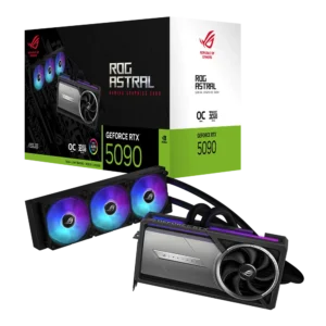 Retail packaging box for the ROG Astral LC RTX 5090 alongside the actual liquid cooled graphics card and radiator. The box highlights specs like OC, 32GB, and DLSS 4 support.