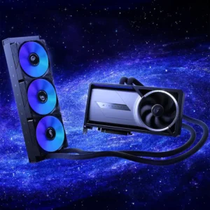Marketing image of the ROG Astral LC RTX 5090 floating in a cosmic space environment.
