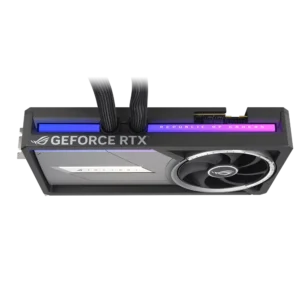 Detail shot of the liquid cooling tubing entering the top of the ROG Astral LC RTX 5090 card.
