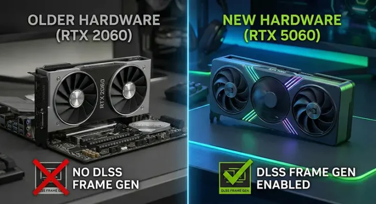 Comparison of an older RTX 2060 graphics card and a new RTX 5060 showing different DLSS feature support.
