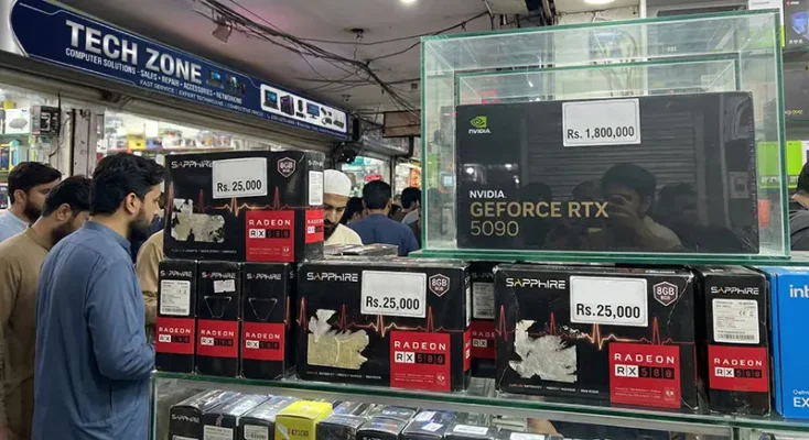 A Radeon RX 580 graphics card box, representing the most popular budget GPU in the Pakistan gaming market.