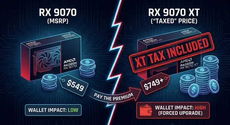 Price comparison showing the $549 MSRP of the RX 9070 versus the $749 inflated price of the RX 9070 XT.