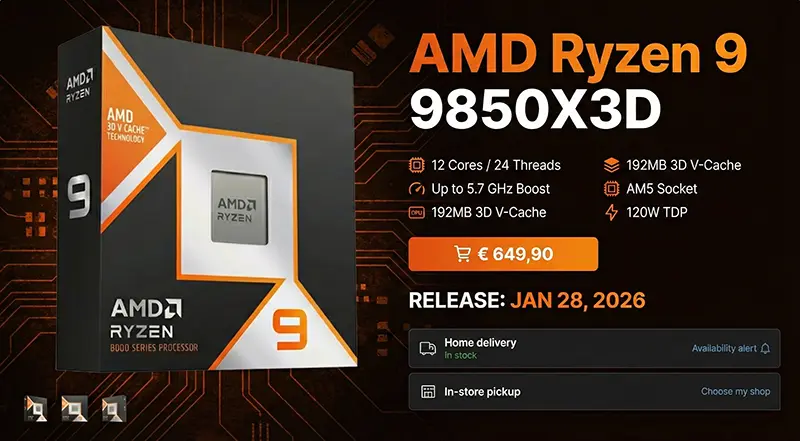 Leaked Retailer Listing showing Ryzen 7 9850X3D price and specs