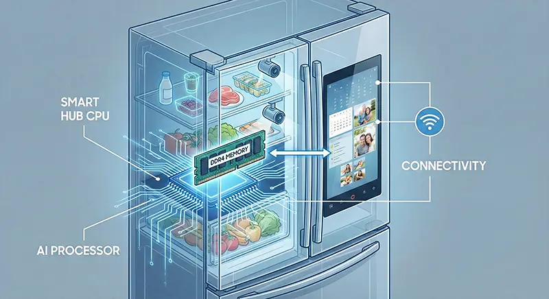 Smart appliance internal components showing RAM and motherboard inside a Samsung refrigerator