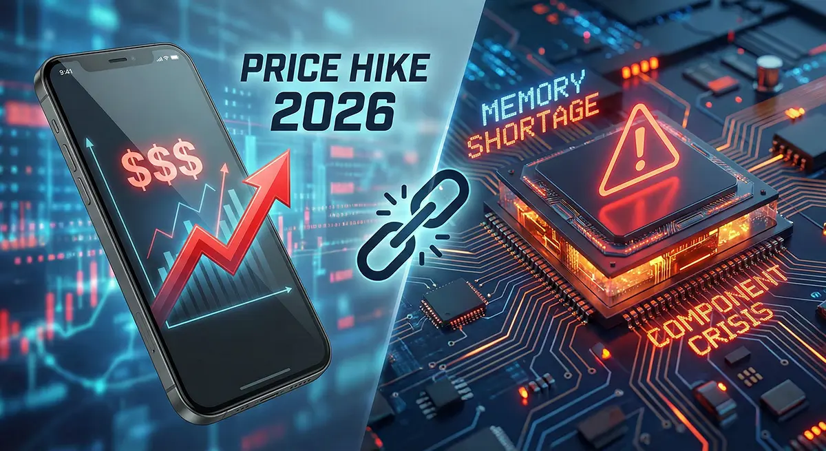 Smartphone Price Hike 2026 concept showing a mobile device, a rising financial graph, and a memory chip warning symbol.