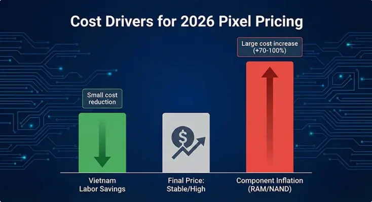Graph showing rising smartphone ram and component costs vs labor savings from Google Pixel production in Vietnam.