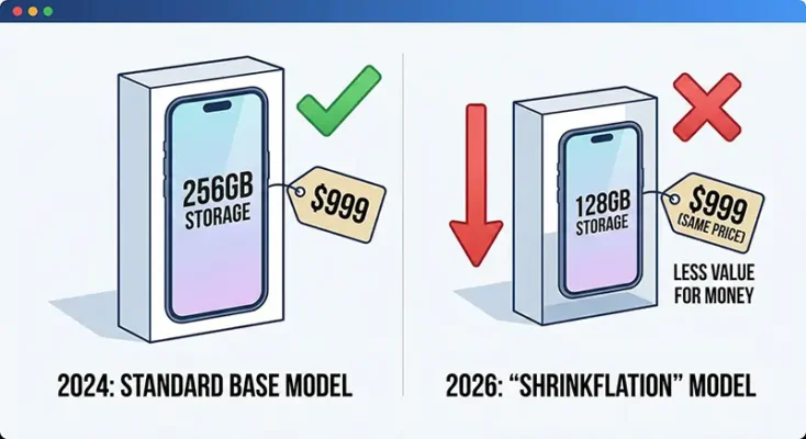 Tech shrinkflation graphic comparing a 256GB box from 2024 with a smaller 128GB box from 2026 at the same price.