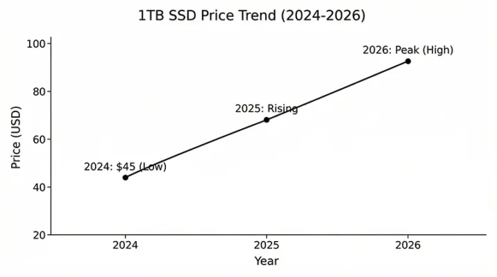 Projected SSD Price trend chart for 2026 and 2027 showing inflation due to shortage