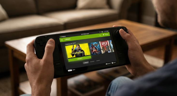 Steam Deck handheld console running NVIDIA GeForce NOW cloud gaming natively on SteamOS