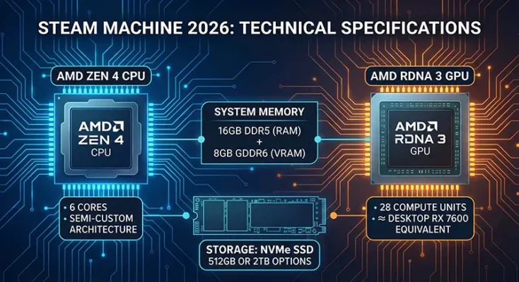 Steam Machine technical specifications breakdown AMD Zen 4 RDNA 3.
