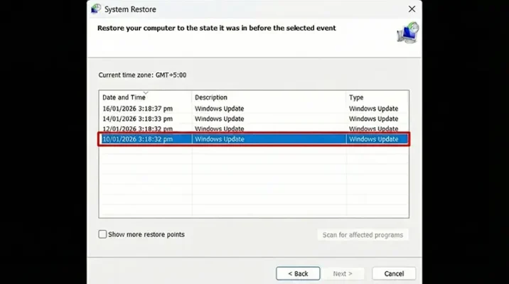 Windows 11 System Restore wizard selecting a restore point date before January 2026.