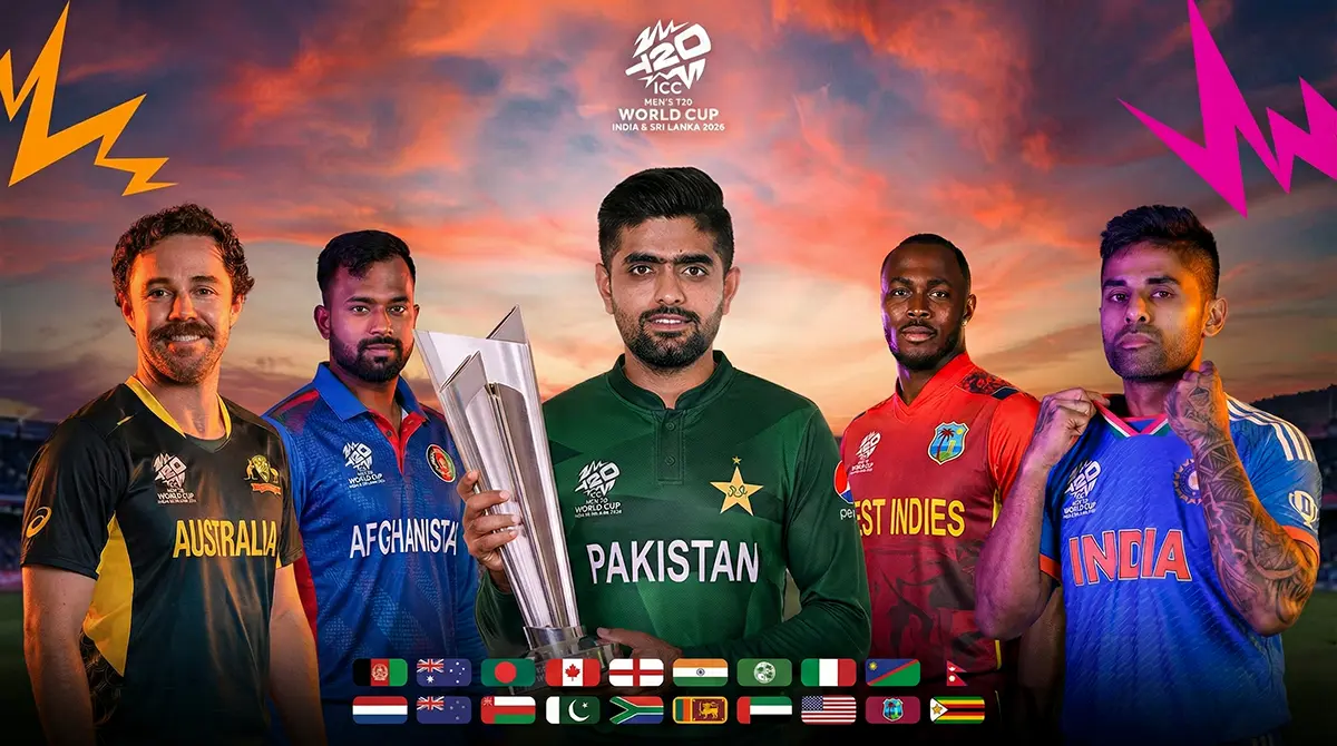T20 World Cup 2026 captains including Babar Azam and Suryakumar Yadav posing with the trophy for the India and Sri Lanka tournament.