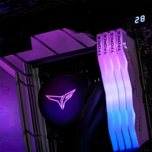Close-up of TeamGroup Delta RGB DDR5 RAM installed in a dark case showing 120-degree ultra-wide lighting.