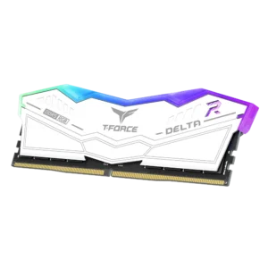 Perspective shot of TeamGroup Delta RGB DDR5 White RAM stick showing the top light bar profile.