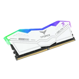 Angled view of a single TeamGroup Delta RGB DDR5 White memory stick showing the aluminum alloy heat spreader.