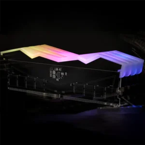 Artistic low-light shot of TeamGroup Delta DDR5 memory highlighting the glow of the translucent RGB light bar.