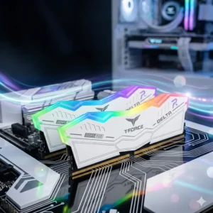 Featured product banner for TeamGroup Delta RGB DDR5 White RAM highlighting high performance and aesthetic design.