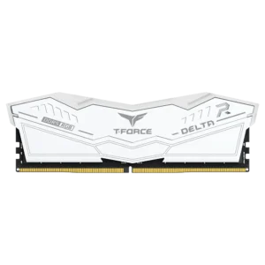Close-up detail of the TeamGroup Delta DDR5 White heat spreader texture and T-Force logo.