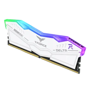 Single TeamGroup Delta RGB DDR5 White module powered on with a rainbow RGB gradient.