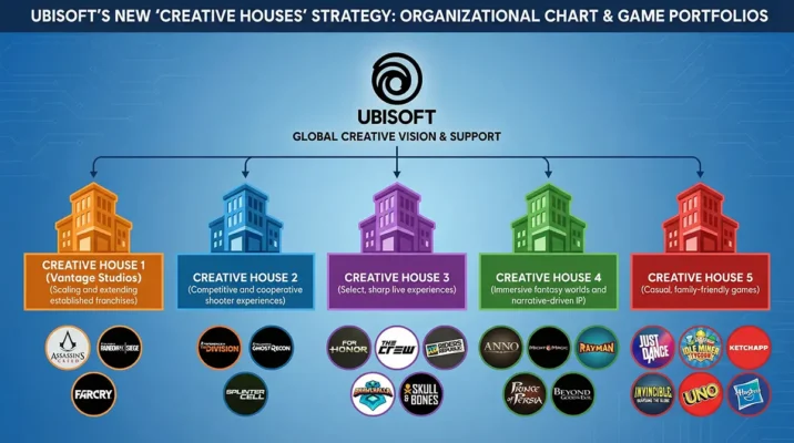 Ubisoft games restructuring chart showing 5 creative houses including Vantage Studios and Shooter House.