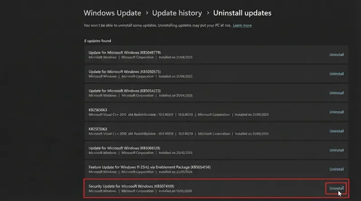 Windows Update history screen showing the specific link to uninstall security update KB5074109.