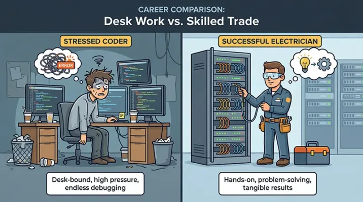 Infographic comparing the decline of junior coding jobs versus the boom of skilled trade jobs like plumbing and electrical work in 2026.