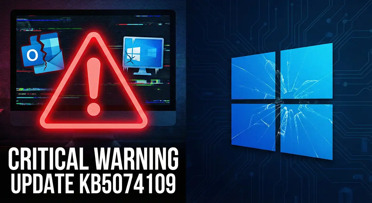 Critical warning for Windows 11 update KB5074109 showing broken Outlook icon and black screen desktop glitches.