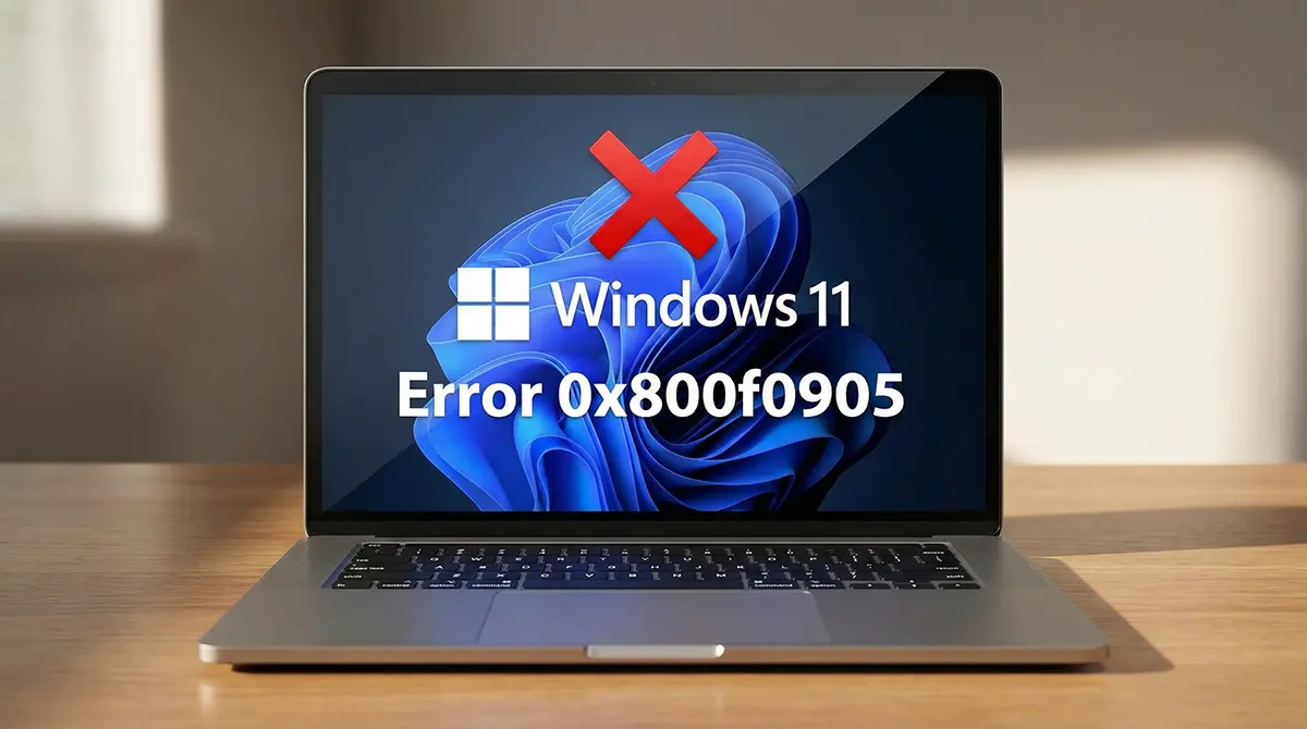 Windows 11 laptop screen showing Error 0x800f0905 with text overlay about fixing KB5074109 uninstall issues.