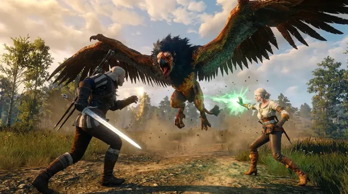 Friends fighting a Griffin boss together in The Witcher 3 co-op RPG mod 2026.