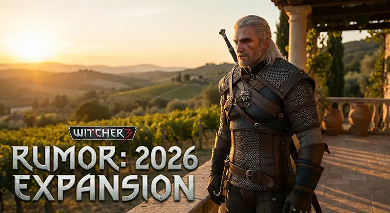 Geralt of Rivia standing in Corvo Bianco vineyard with text overlay RUMOR 2026 EXPANSION.