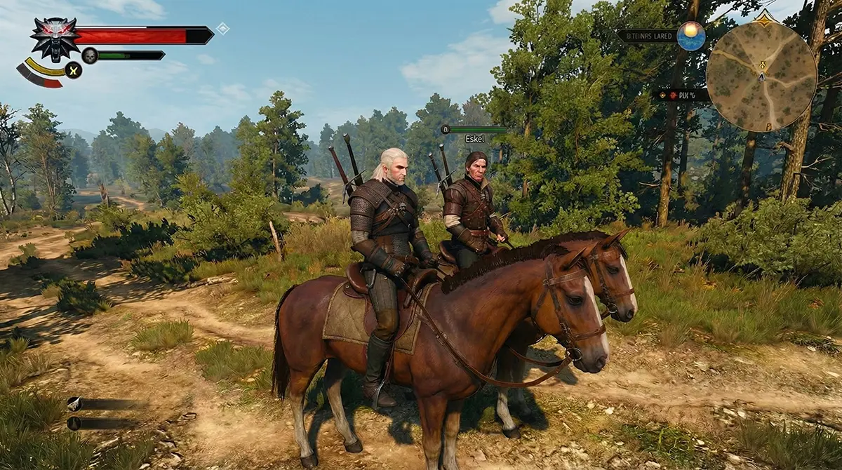 Two players riding Roach side-by-side in The Witcher 3 multiplayer mod 2026 update showing true co-op gameplay.