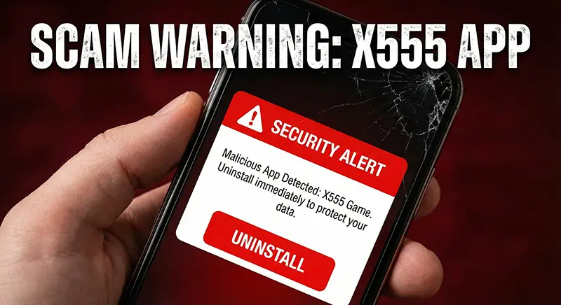 Scam alert warning for X555 Game APK on smartphone screen