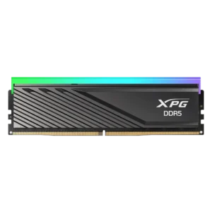 Front view of XPG Lancer Blade RGB DDR5 RAM 32GB stick in black with geometric heatsink design