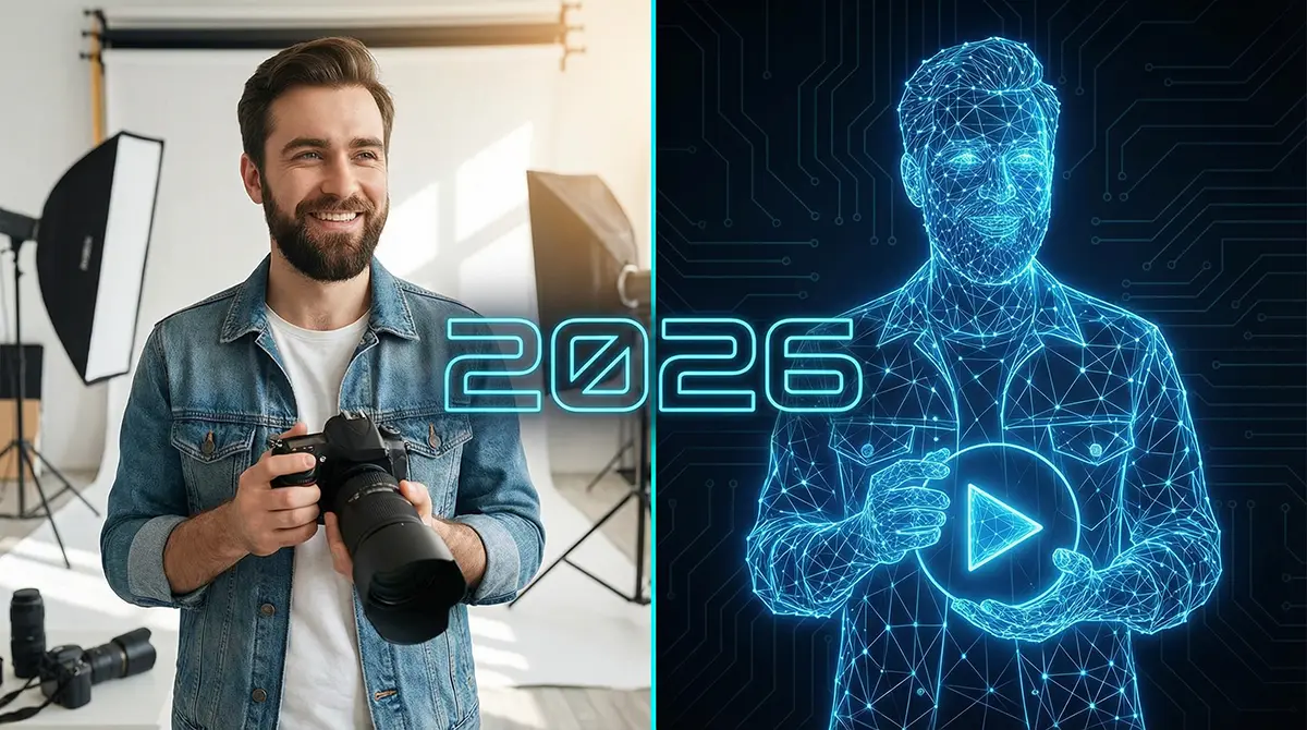 A split-screen comparison showing a human creator versus their AI Digital Twin created with the YouTube AI Likeness tool for 2026 Shorts.