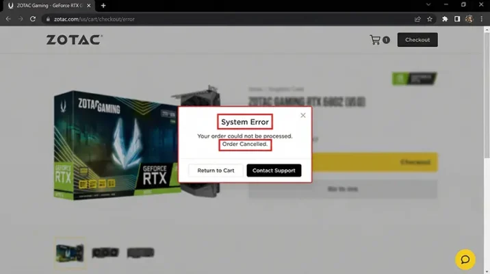 Screenshot of Zotac order cancellation email citing vague system error to buyers