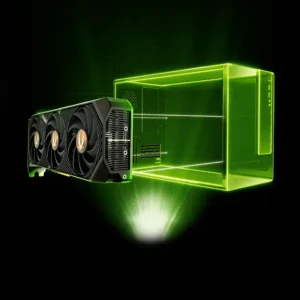 ZOTAC GAMING GeForce RTX 5090 SOLID OC graphics card aligned with a green wireframe computer case.