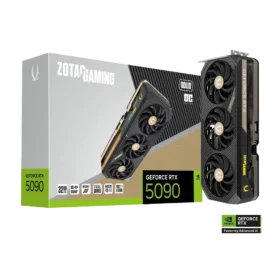 ZOTAC GAMING GeForce RTX 5090 SOLID OC graphics card standing next to its retail packaging box.