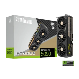 ZOTAC GAMING GeForce RTX 5090 SOLID OC graphics card standing next to its retail packaging box.
