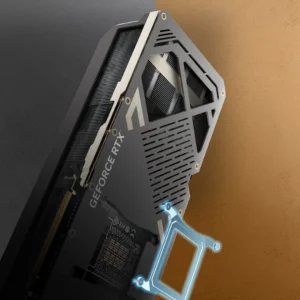 Angled rear view of the ZOTAC GAMING GeForce RTX 5090 SOLID OC showing the metal backplate and retention bracket.