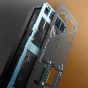 Exploded view of the ZOTAC GAMING GeForce RTX 5090 SOLID OC showing the PCB, vapor chamber, and heatsink layers.