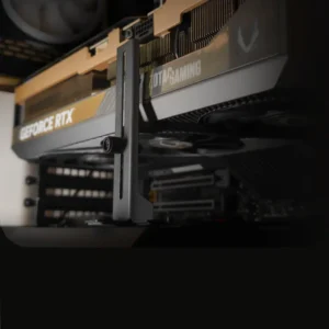 ZOTAC GAMING GeForce RTX 5090 SOLID OC installed inside a gaming PC case, supported by the included metal GPU bracket.