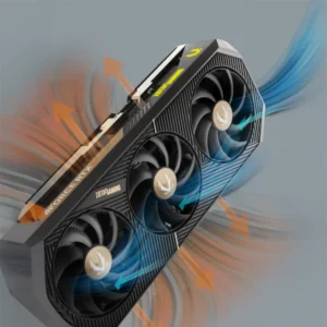 ZOTAC GAMING GeForce RTX 5090 SOLID OC showing blue intake and orange exhaust airflow arrows.