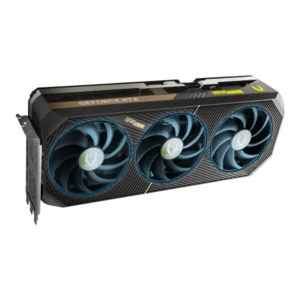 Studio shot of the ZOTAC GAMING GeForce RTX 5090 SOLID OC graphics card on a white background.