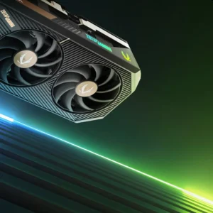 Low-angle shot of the ZOTAC GAMING GeForce RTX 5090 SOLID OC with vibrant green RGB lighting.