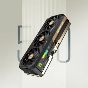Floating ZOTAC GAMING GeForce RTX 5090 SOLID OC card with a large '50' graphic in the background.