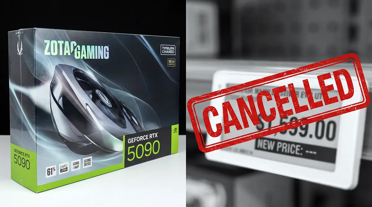 Zotac RTX 5090 box art with cancelled stamp and massive price hike warning 2026